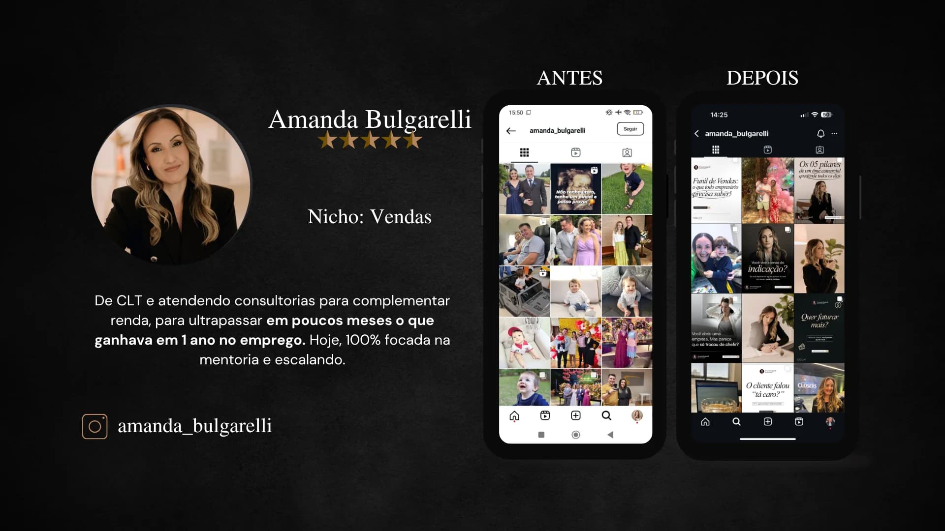 Amanda Bulgarelli, mentora de Vendas. De CLT, em poucos meses ultrapassou o que ganhava em 1 ano no emprego. Hoje, 100% focada na mentoria e escalando. Instagram amanda_bulgarelli.