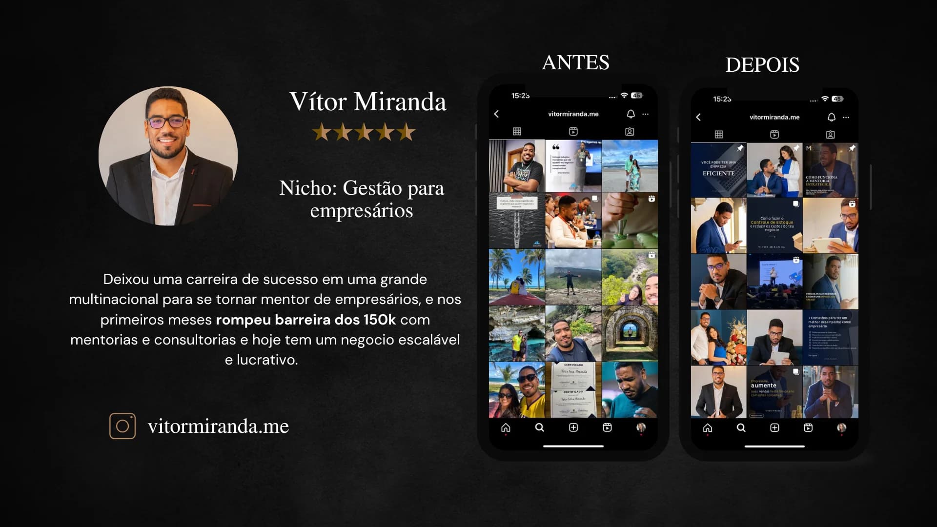 Vítor Miranda, mentor de Gestão para empresários. Deixou multinacional para se tornar mentor e nos primeiros meses rompeu 150 mil com mentorias e consultorias. Instagram vitormiranda.me.