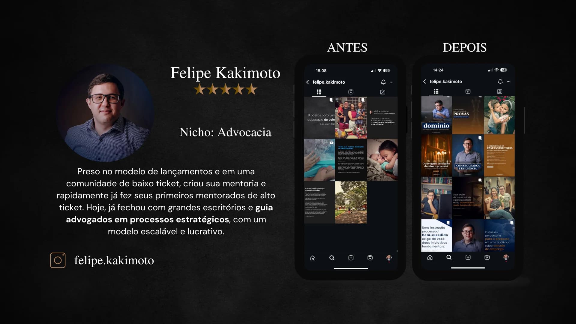 Felipe Kakimoto, mentor de Advocacia. Saiu de lançamentos e comunidade de baixo ticket, criou sua mentoria e fechou com grandes escritórios, guiando advogados em processos estratégicos. Instagram felipe.kakimoto.