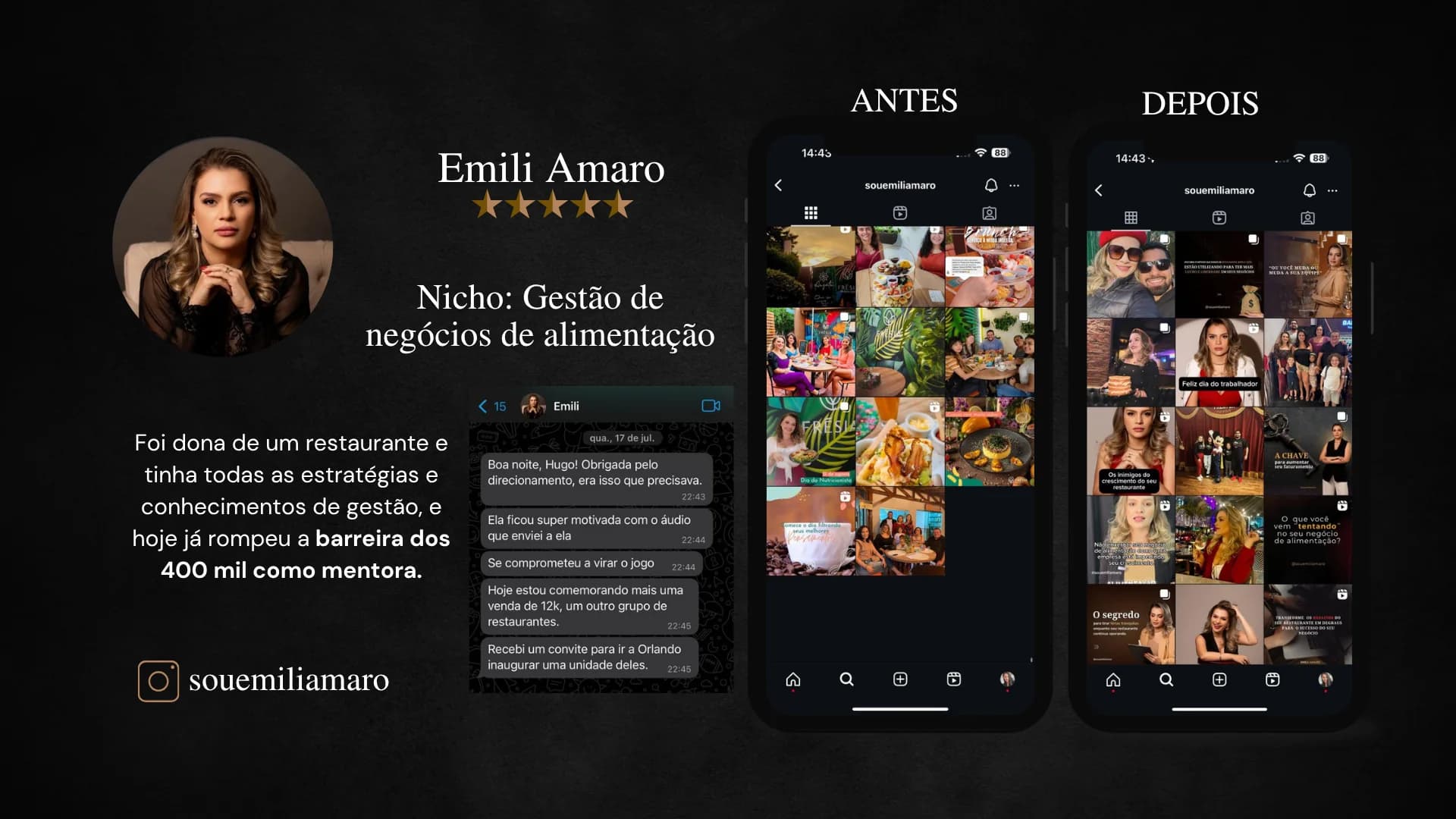 Emili Amaro, mentora de Gestão de Negócios de Alimentação. Foi dona de restaurante e hoje rompeu a barreira dos 400 mil como mentora. Instagram souemiliamaro.