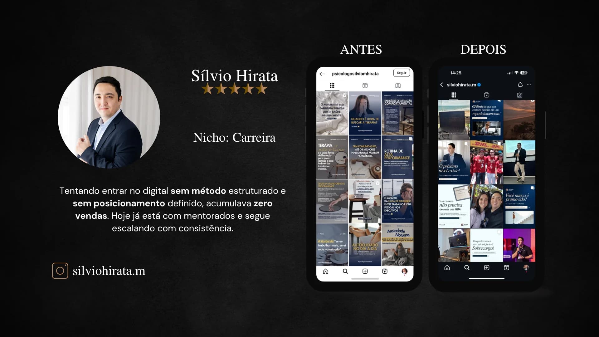 Sílvio Hirata, mentor de Carreira. Tentando entrar no digital sem método e sem posicionamento, acumulava zero vendas. Hoje já está com mentorados e segue escalando com consistência. Instagram silviohirata.m.