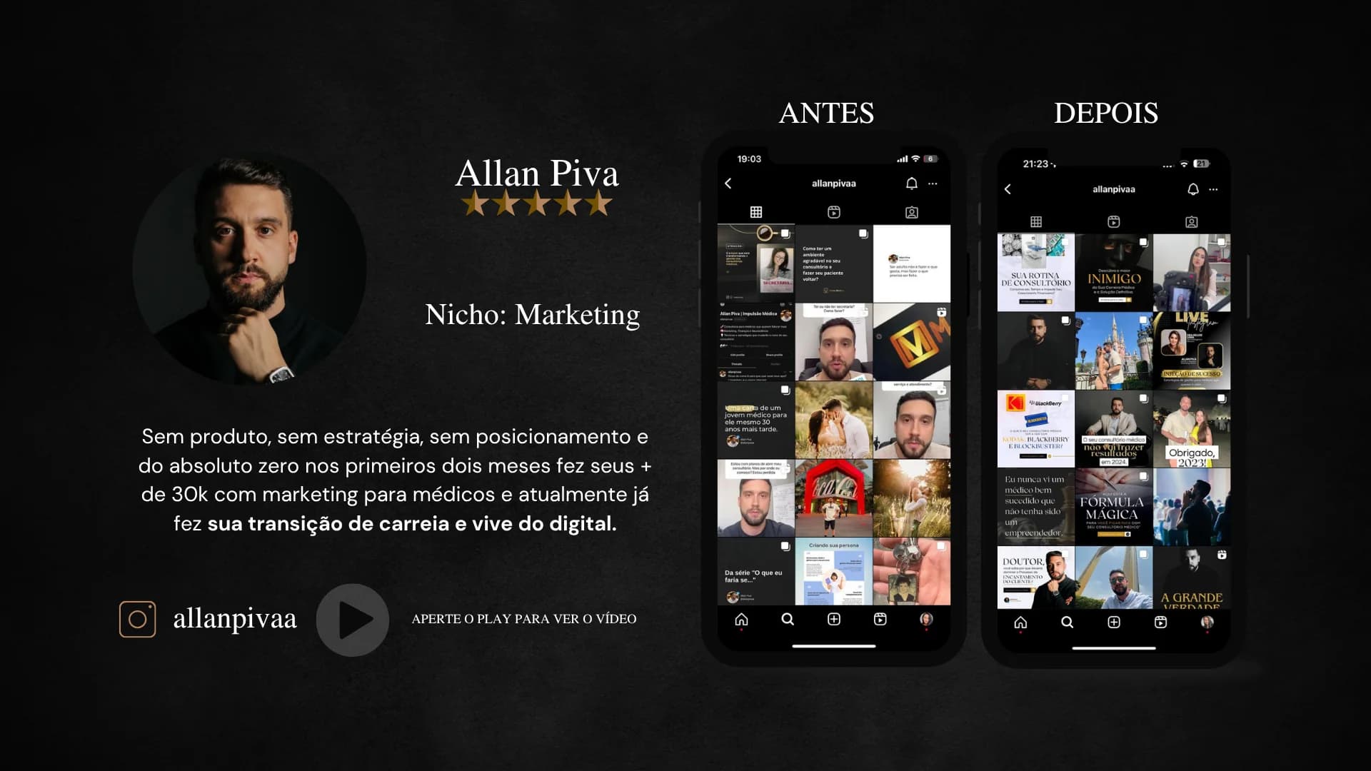 Allan Piva, mentor de Marketing. Sem produto, sem estratégia e sem posicionamento, nos primeiros dois meses fez +30k com marketing para médicos. Hoje já fez sua transição de carreira e vive do digital. Instagram allanpivaa.