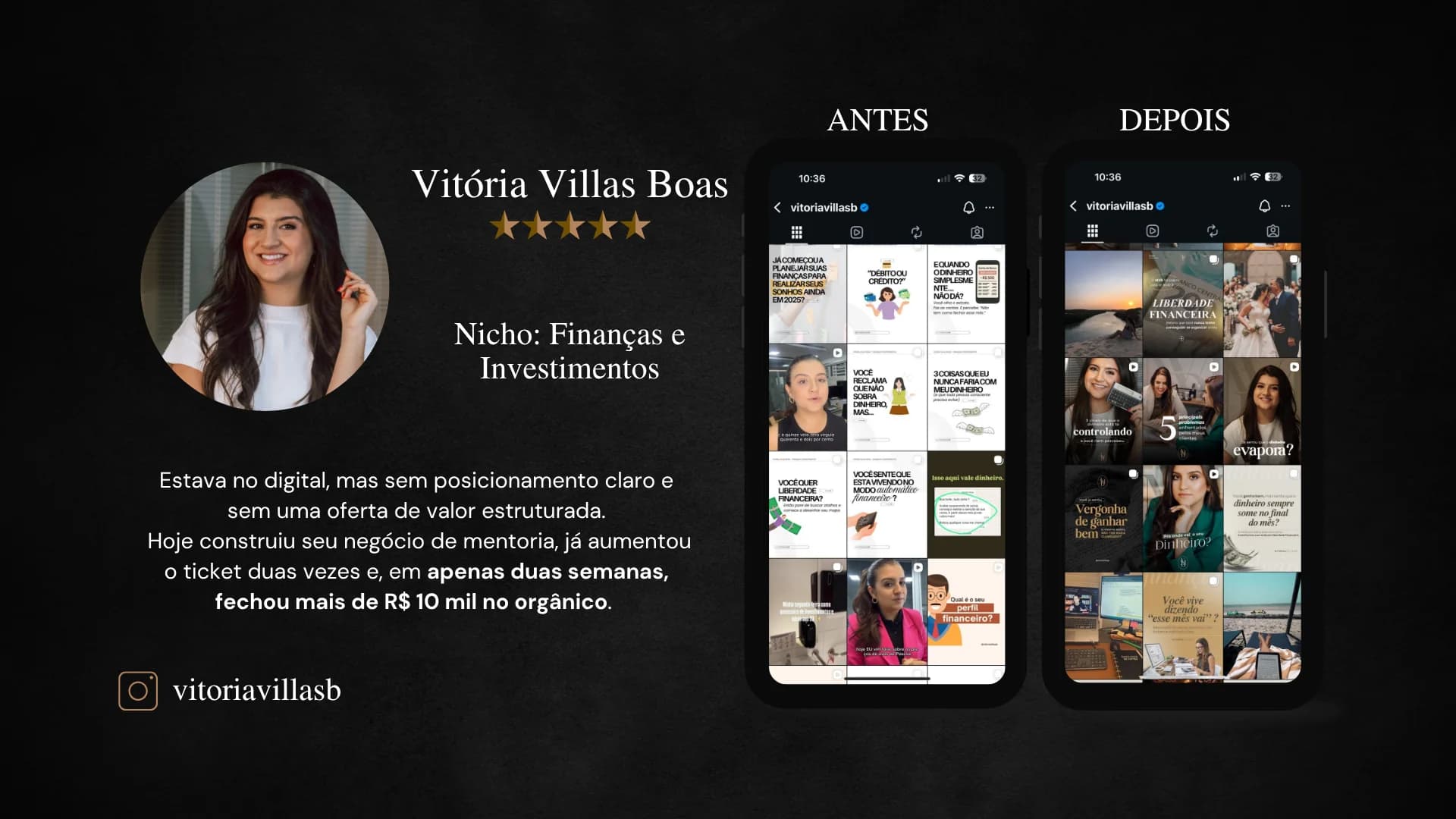 Vitória Villas Boas, mentora de Finanças e Investimentos. Estava no digital sem posicionamento claro e sem oferta estruturada. Hoje aumentou o ticket duas vezes e em apenas duas semanas fechou mais de 10 mil reais no orgânico. Instagram vitoriavillasb.