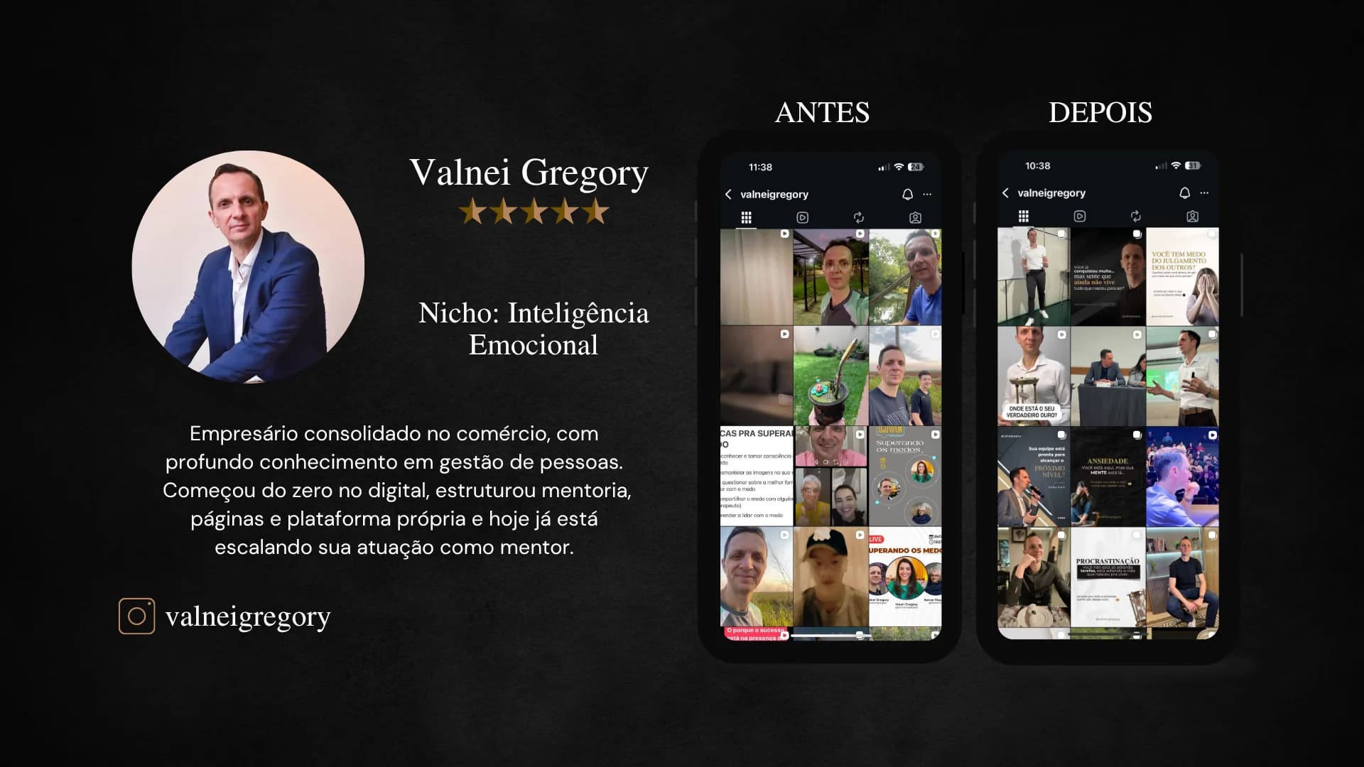 Valnei Gregory, mentor de Inteligência Emocional. Empresário consolidado no comércio com profundo conhecimento em gestão de pessoas. Começou do zero no digital, estruturou mentoria, páginas e plataforma própria, e hoje escala sua atuação como mentor. Instagram valneigregory.